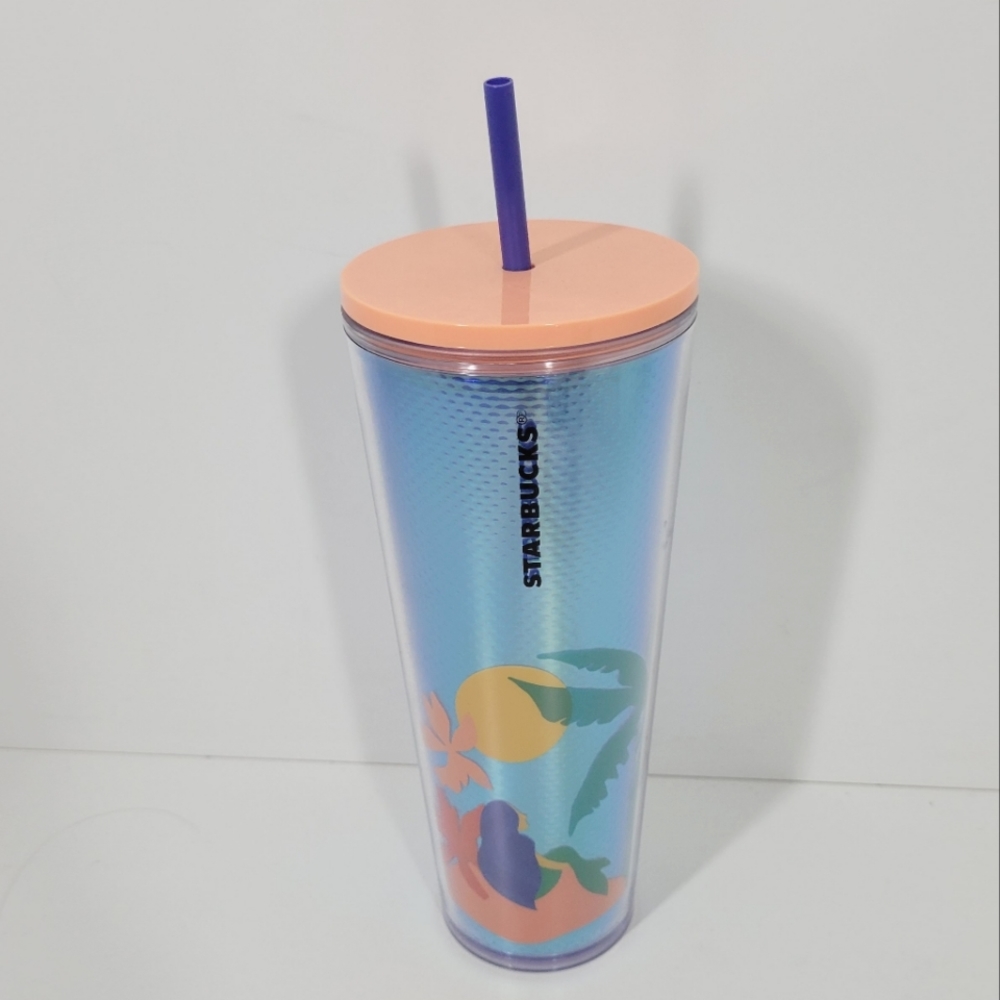 Starbucks Blue Iridescent Mermaid Siren Beach Tumbler 24oz Cup With Straw